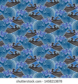 Seamless abstract retro geometric pattern. Illustration of indigo, purple, black and white elements and swirly waves. Ideal for fashion, gift, paper, scrapbooking and fabric.