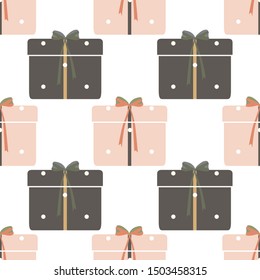 Seamless abstract retro geometric pattern. Illustration of green, orange, pink, yellow and white gift boxes, wraps, ribbons, dots and bows. Ideal for fashion, gift, paper, scrapbooking and fabric.