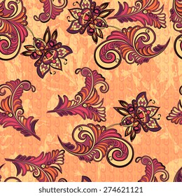 Seamless abstract retro pattern with decorative floral elements in warm colors