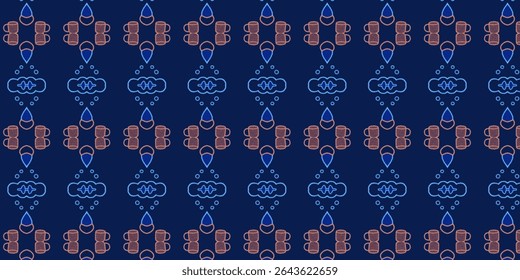 Seamless abstract rocket and cloud pattern in neon-style colors on dark blue. Ideal for tech-themed or space-inspired digital and print designs.