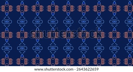 Seamless abstract rocket and cloud pattern in neon-style colors on dark blue. Ideal for tech-themed or space-inspired digital and print designs.