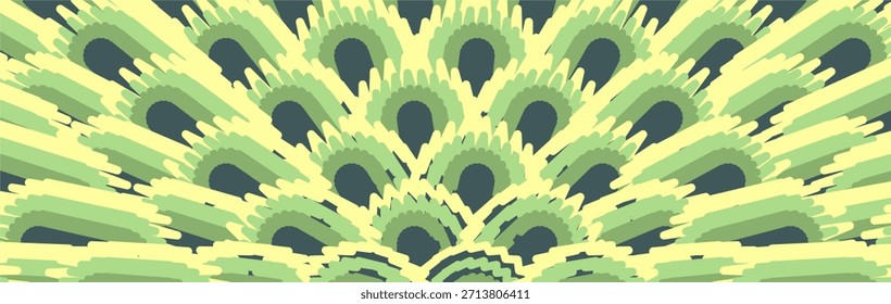 Seamless abstract scallop pattern with layered fan shapes in soft green and yellow tones, organic and decorative.