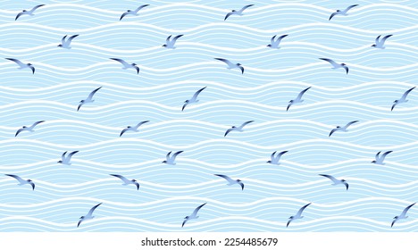 Seamless abstract sea background with fiying seagulls. Vector stylized marine pattern.