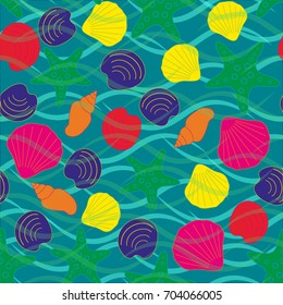 Seamless abstract sea background. Seamless pattern with the inhabitants of the sea, sea shells on a background of waves. Vector illustration.