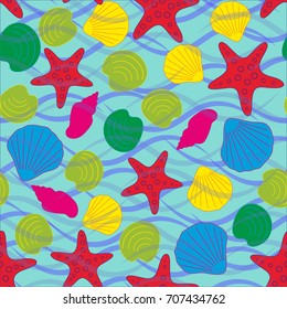Seamless abstract sea background. Seamless pattern with the inhabitants of the sea, sea shells on a background of waves. Vector illustration.