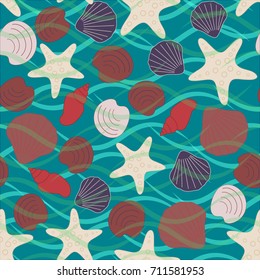 Seamless abstract sea background. Seamless pattern with the inhabitants of the sea, sea shells on a background of waves. Vector illustration.