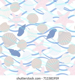 Seamless abstract sea background. Seamless pattern with the inhabitants of the sea, sea shells on a background of waves. Vector illustration.