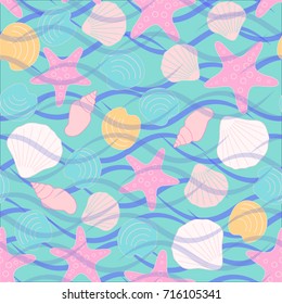 Seamless abstract sea background. Seamless pattern with the inhabitants of the sea, sea shells on a background of waves. Vector illustration.