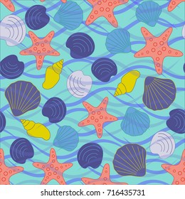 Seamless abstract sea background. Seamless pattern with the inhabitants of the sea, sea shells on a background of waves. Vector illustration.