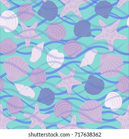 Seamless abstract sea background. Seamless pattern with the inhabitants of the sea, sea shells on a background of waves. Vector illustration.