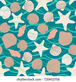 Seamless abstract sea background. Seamless pattern with the inhabitants of the sea, sea shells on a background of waves. Vector illustration.