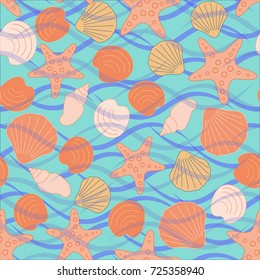 Seamless abstract sea background. Seamless pattern with the inhabitants of the sea, sea shells on a background of waves. Vector illustration.