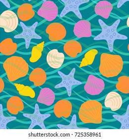 Seamless abstract sea background. Seamless pattern with the inhabitants of the sea, sea shells on a background of waves. Vector illustration.