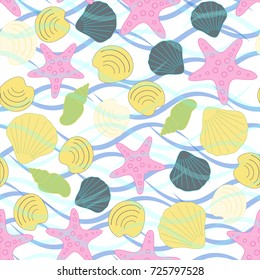 Seamless abstract sea background. Seamless pattern with the inhabitants of the sea, sea shells on a background of waves. Vector illustration.