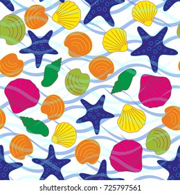 Seamless abstract sea background. Seamless pattern with the inhabitants of the sea, sea shells on a background of waves. Vector illustration.