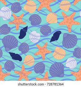 Seamless abstract sea background. Seamless pattern with the inhabitants of the sea, sea shells on a background of waves. Vector illustration.