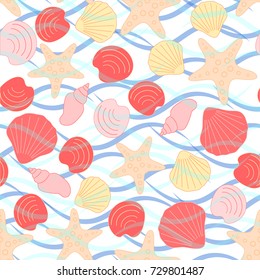 Seamless abstract sea background. Seamless pattern with the inhabitants of the sea, sea shells on a background of waves. Vector illustration.