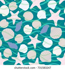 Seamless abstract sea background. Seamless pattern with the inhabitants of the sea, sea shells on a background of waves. Vector illustration.