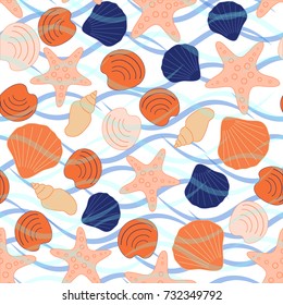 Seamless abstract sea background. Seamless pattern with the inhabitants of the sea, sea shells on a background of waves. Vector illustration.