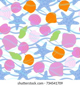 Seamless abstract sea background. Seamless pattern with the inhabitants of the sea, sea shells on a background of waves. Vector illustration.