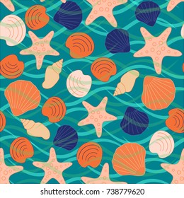 Seamless abstract sea background. Seamless pattern with the inhabitants of the sea, sea shells on a background of waves. Vector illustration.