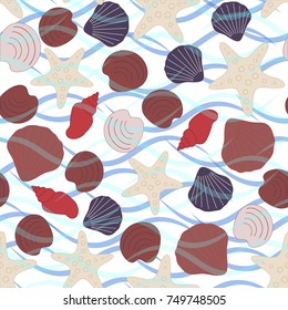 Seamless abstract sea background. Seamless pattern with the inhabitants of the sea, sea shells on a background of waves. Vector illustration.