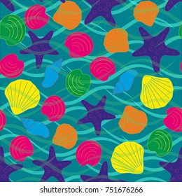 Seamless abstract sea background. Seamless pattern with the inhabitants of the sea, sea shells on a background of waves. Vector illustration.