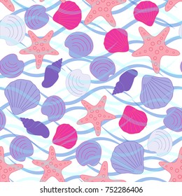 Seamless abstract sea background. Seamless pattern with the inhabitants of the sea, sea shells on a background of waves. Vector illustration.