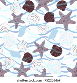 Seamless abstract sea background. Seamless pattern with the inhabitants of the sea, sea shells on a background of waves. Vector illustration.