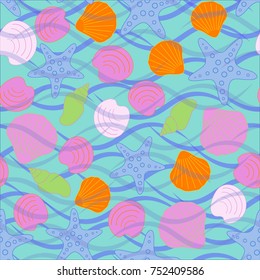Seamless abstract sea background. Seamless pattern with the inhabitants of the sea, sea shells on a background of waves. Vector illustration.