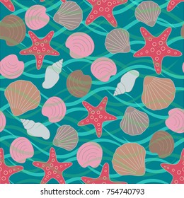Seamless abstract sea background. Seamless pattern with the inhabitants of the sea, sea shells on a background of waves. Vector illustration.