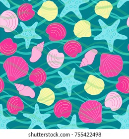 Seamless abstract sea background. Seamless pattern with the inhabitants of the sea, sea shells on a background of waves. Vector illustration.