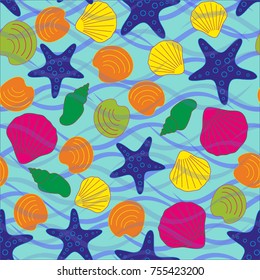 Seamless abstract sea background. Seamless pattern with the inhabitants of the sea, sea shells on a background of waves. Vector illustration.