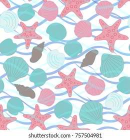 Seamless abstract sea background. Seamless pattern with the inhabitants of the sea, sea shells on a background of waves. Vector illustration.