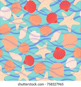 Seamless abstract sea background. Seamless pattern with the inhabitants of the sea, sea shells on a background of waves. Vector illustration.