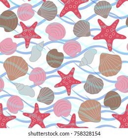 Seamless abstract sea background. Seamless pattern with the inhabitants of the sea, sea shells on a background of waves. Vector illustration.