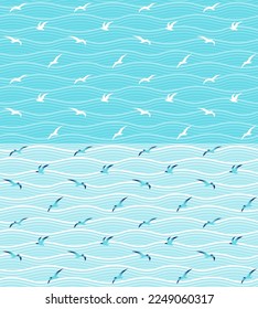 Seamless abstract sea backgrounds with fiying seagulls. Set of stylized marine vector patterns.