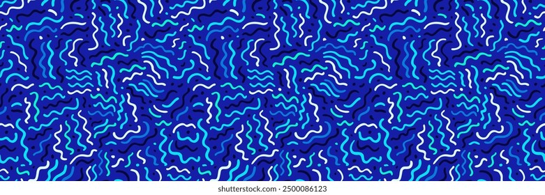 Seamless abstract sea waves brush paint pattern. Vector fun quirky hand drawn ocean beach background. Blue squiggly lines seamless backdrop. Modern water wallpaper. Wavy lines wide marine bg