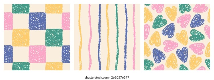 Seamless abstract set of big multicolored checkerboard pattern, striped and hearts patterns on light background, simple hand drawn illustration, pencil, chalk, charcoal effect; drawing, flat style