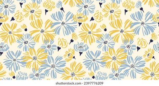Seamless abstract shape ditsy flowers pattern. Vector hand drawn sketch.  Stylized simple blue yellow daisy floral on a light back print. Summer or spring background. Design for fashion, fabric