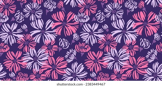 Seamless abstract shape flowers pattern. Vector hand drawn sketch.  Stylized simple floral dark purple background. Template for design, textile, fashion, surface design, fabric, interior decor