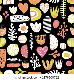 Seamless abstract shapes colorful vector kids pattern with heart, flowers, plants, rainbow pink, mustard, white on black background. Scandinavian style for fabric, blog banner, poster, wrapping, paper