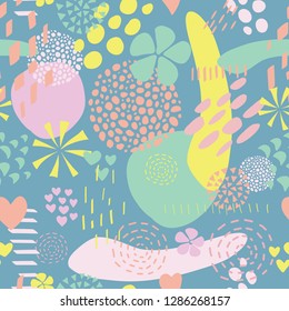 Seamless Abstract shapes vector background. Contemporary collage Dots, circles, stylized flowers, hearts, spots, strokes in pink blue lime yellow green. Memphis vintage retro style pattern. Kid doodle