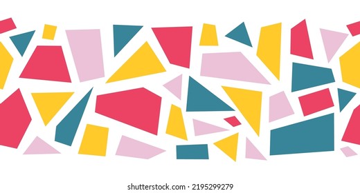 Seamless abstract shapes vector border illustration. Playful repeating children kids fragments pattern horizontal geometric mosaic style. Ribbon trim, footer, header, divider, children decor.