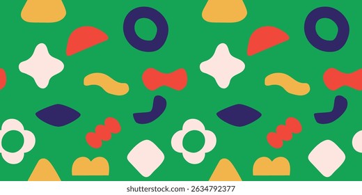 Seamless abstract simple colorful organic shapes pattern.  Flat illustration pattern vector design. Blue, yellow, orange, green, and white. Landscape or horizontal.