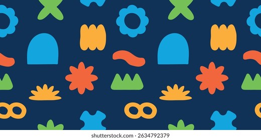 Seamless abstract simple colorful organic shapes pattern.  Flat illustration pattern vector design. Blue, yellow, orange, and green. Landscape or horizontal.