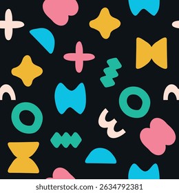 Seamless abstract simple colorful organic shapes pattern.  Flat illustration pattern vector design. Pink, yellow, white, black, green, and blue.