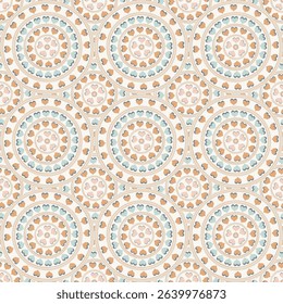 Seamless abstract simple geometrical brown and cyan mandala circular round flower texture background design for textiles, wallpaper..,