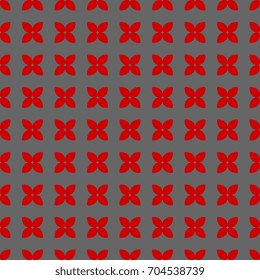 Seamless abstract simple geometrical pattern with stylized small floral motifs. Red square silhouettes on gray background.