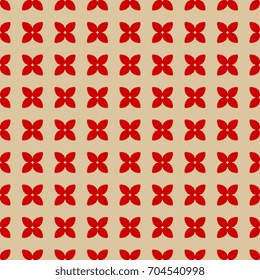 Seamless abstract simple geometrical pattern with stylized small floral motifs. Red square silhouettes on beige background.